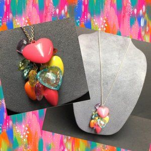 Heart Dangle Silver Necklace Multicolor Translucent Faceted Valentine Barbie